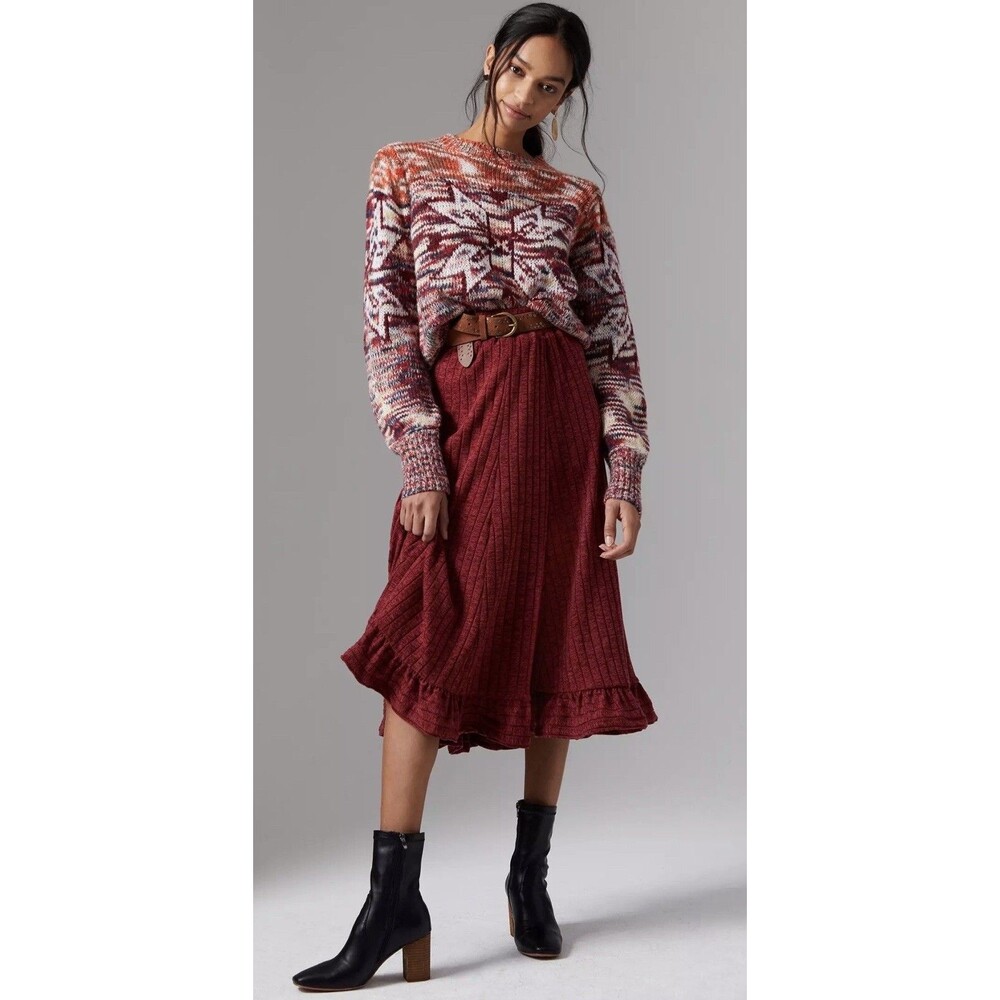 Anthropologie Midi Knit Skirt Women Pauline Red Rouge Preppy Cozy Size XS NWT